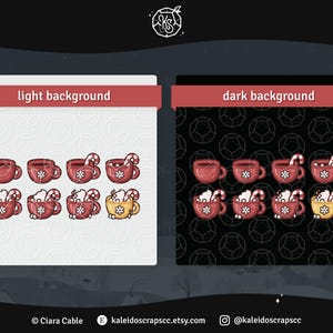 May include: Digital illustrations of red mugs with snowflake details, some with whipped cream and candy canes, presented on light and dark backgrounds. The text "light background" and "dark background" are displayed above the images. The artist's name and shop details are at the bottom.