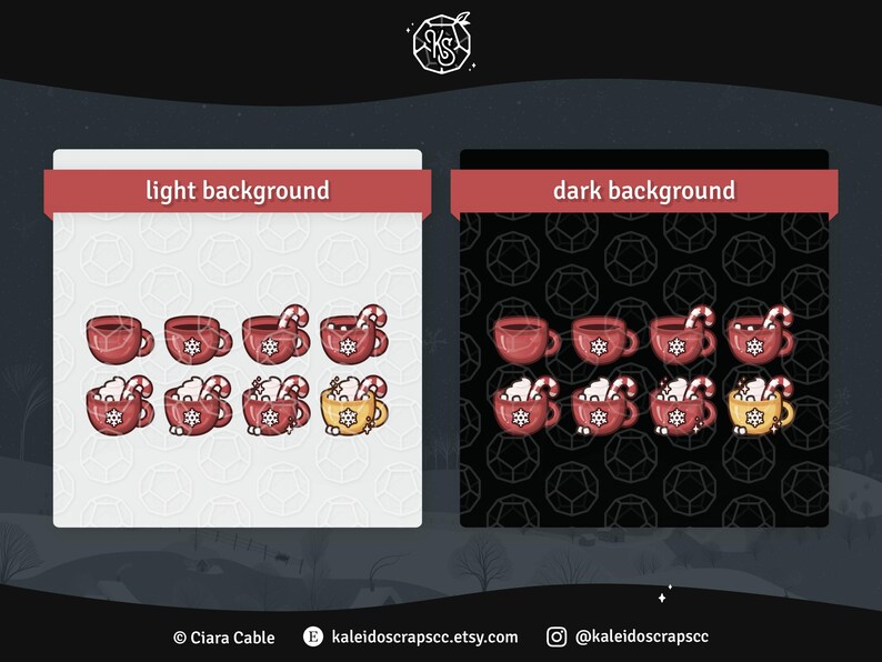 May include: Digital illustrations of red mugs with snowflake details, some with whipped cream and candy canes, presented on light and dark backgrounds. The text "light background" and "dark background" are displayed above the images. The artist's name and shop details are at the bottom.
