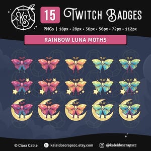 Twitch Sub Badges: Luna Moth Rainbow | Celestial Moon & Stars Bit Badges | Set of 15