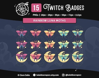 Twitch Sub Badges: Luna Moth Rainbow | Celestial Moon & Stars Bit Badges | Set of 15