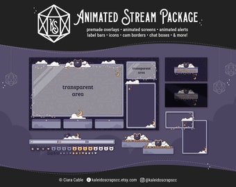 Purple Celestial Moon Cat Stream Package | Animated Cozy Lofi Twitch/YouTube Overlay Bundle