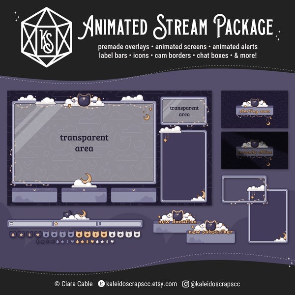 Purple Celestial Moon Cat Stream Package | Animated Cozy Lofi Twitch/YouTube Overlay Bundle