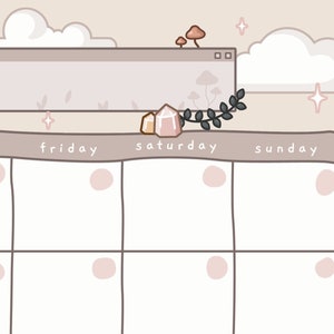 May include: A weekly planner with a light brown background and a light pink border. The planner has a section for each day of the week, from Thursday to Sunday. The planner is decorated with clouds, mushrooms, and crystals.