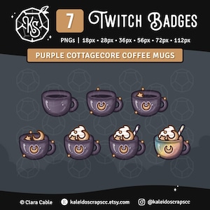 Cottagecore Coffee Twitch Sub Badges | Purple Cafe Moon Mug Channel Points or Emotes