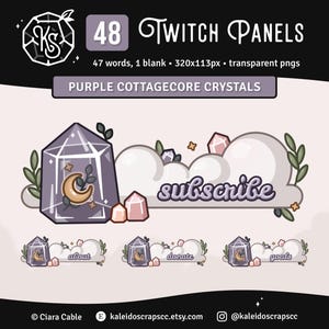 Twitch Panels: Crystals &#39;n Clouds | Purple Cottagecore Cozy Celestial Streamer Panels | 6 Custom Words