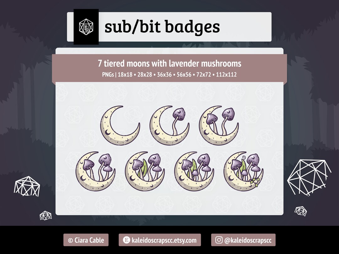 Moon Mushroom Twitch Sub Badges muted Lavender Cute Etsy