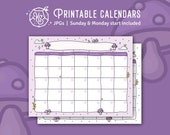 Purple Mushroom Blank Printable Calendar | Letter size 8.5x11" JPG | Cute Planner Template | Sunday & Monday Start Included
