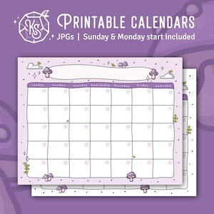 Calendario imprimible en blanco de seta morada, Tamaño carta 8,5 x 11 pulg. JPG, Plantilla de planificador bonita, Inicio domingo y lunes incluido