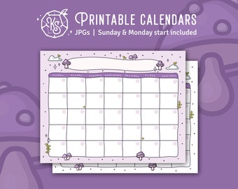 Purple Mushroom Blank Printable Calendar | Letter size 8.5x11" JPG | Cute Planner Template | Sunday & Monday Start Included
