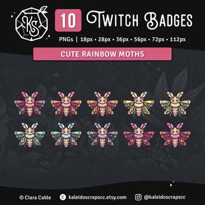 Insignias de suscripción de Twitch con temática de polillas / Insignias de insectos con temática de mariposas arcoíris