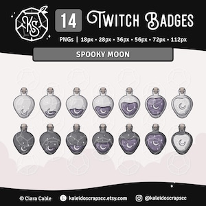 Moon Potion Twitch Sub-märken | Spöklika lila och grå häxiga streamingresurser