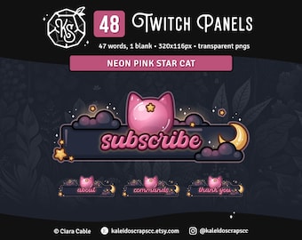 Painéis Star Cat para Twitch | Gráficos para Streamers com Lua Celestial Rosa e Estrelas