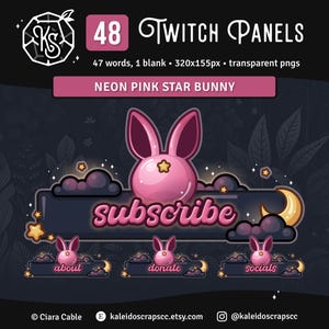 May include: Digital Twitch panels featuring a neon pink bunny theme. The set includes a "subscribe" button, along with "about", "donate", and "socials" panels. The design incorporates stars, clouds, and a crescent moon on a dark background.