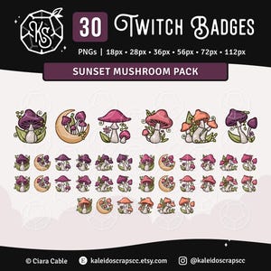 Badges Twitch champignon couleur coucher de soleil Cottagecore | Badges décoratifs nature | Lot de 30