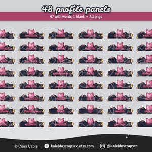 K&ouml;nnte beinhalten: Ein Set mit 48 digitalen Profil-Panels, die eine rosa Katze mit einem sternen&uuml;bers&auml;ten Hintergrund zeigen. Die Panels enthalten W&ouml;rter wie "Amazon", "K&uuml;nstler", "Discord", "Spenden", "Instagram", "Paypal", "Snapchat", "Sozial", "Abonnieren", "Danke", "Willkommen" und "Wunschliste".