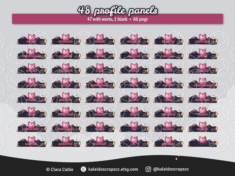 K&ouml;nnte beinhalten: Ein Set mit 48 digitalen Profil-Panels, die eine rosa Katze mit einem sternen&uuml;bers&auml;ten Hintergrund zeigen. Die Panels enthalten W&ouml;rter wie "Amazon", "K&uuml;nstler", "Discord", "Spenden", "Instagram", "Paypal", "Snapchat", "Sozial", "Abonnieren", "Danke", "Willkommen" und "Wunschliste".
