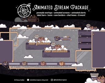 Cottagecore Kaffee Twitch Overlay | Lila Animiertes Cozy Lofi Stream Pack