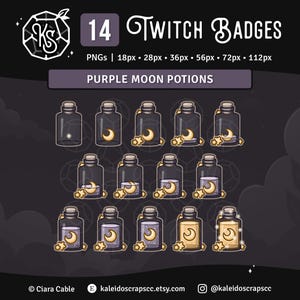 Pode incluir: Conjunto de 14 emblemas Twitch de poção roxa com uma lua crescente e estrelas. Os emblemas estão disponíveis nos tamanhos 18px, 28px, 36px, 56px, 72px e 112px.