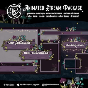 Puede incluir: Paquete de transmisión animado para Twitch o YouTube con un tema de bosque y hongos caprichoso. Incluye superposiciones, pantallas animadas, alertas, barras de etiquetas, iconos, bordes de cámara, cuadros de chat y más.