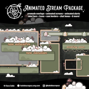 Twitchオーバーレイ：Crystals 'n Clouds | セージグリーンコテージコアアニメーションの居心地の良いローファイストリームパック