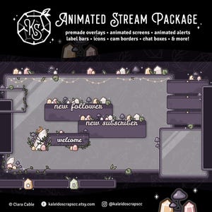 May include: An animated stream package with a dark purple and gray color scheme. The design includes premade overlays, animated screens, alerts, label bars, icons, cam borders, and chat boxes. Text includes "Animated Stream Package", "new follower", "new subscriber", and "welcome".