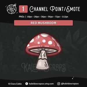 May include: A digital graphic of a red mushroom with white spots, labeled "Red Mushroom." The image is for a channel point/emote, with various PNG sizes listed. The background is dark with leaf illustrations.
