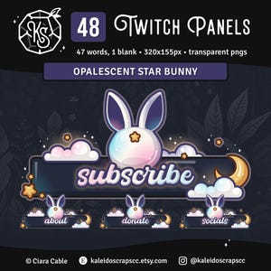 以下が含まれることがあります： オパールセントスターバニーをテーマにした48個のTwitchパネルのセット。デザインには、ウサギ、雲、星、三日月が含まれています。パネルには「subscribe」、「about」、「donate」、「socials」という言葉が含まれています。