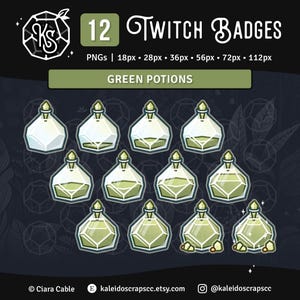 May include: Twelve Twitch badges featuring green potion bottles in various sizes. The image includes the text "12 Twitch Badges" and "Green Potions". The badges are available in PNG format and various pixel sizes.