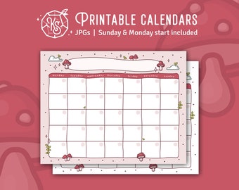 Pink Mushroom Blank Printable Calendar | Letter size 8.5x11" JPG | Cute Planner Template | Sunday & Monday Start Included