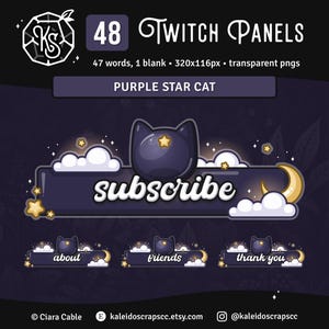 Purple Star Cat Twitch Panels | Celestial Streamer Graphics | 6 Custom Words