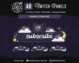 Painéis Star Cat para Twitch | Gráficos Celestiais Roxo Escuro para Streamers