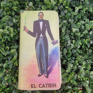 Loteria El Catrin Wallet- Mexican Loteria Wallet, Cute Mexican Wallet, One Zipper Wallet, Loteria Style Accessory