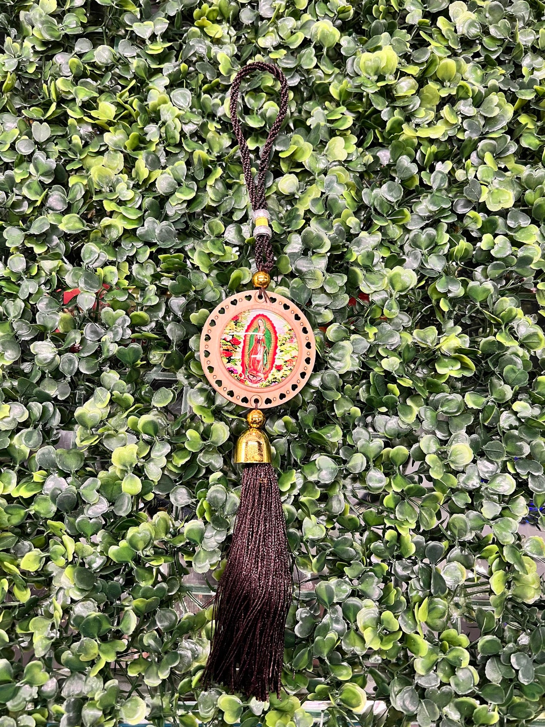 Guadalupe Glass Emblem Embedded on a Wooden Circle Car Charm With Brown ...