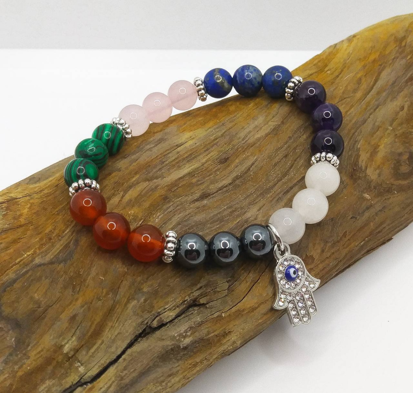 Pulsera Chakra Piedra Lava Y Ónix - Elástica, Unisex, Hecha A Mano