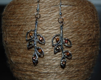 Silver leaf dangle earrings with beads in autumn colors
