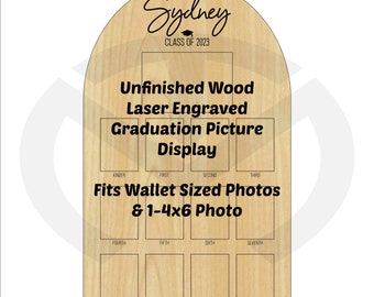 Unfinished Wood Graduation Photo Display, Laser Engraved, Fits Wallet Sized Photos & 1-4x6 Photo