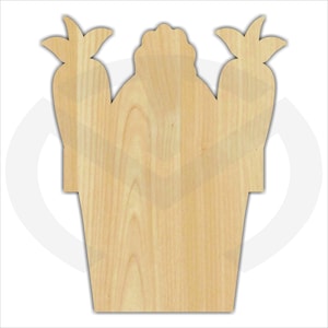 May include: A wooden cutout of a cactus in a pot. The cactus has a scalloped top and two side elements that resemble fruit. The wood has a light, natural color with visible grain.