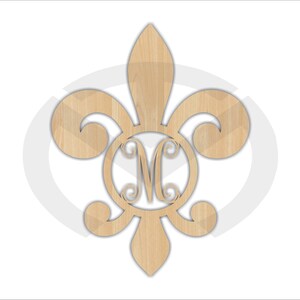 May include: A wooden cutout of a fleur-de-lis with a circle in the center for a monogram. The monogram is the letter "M".