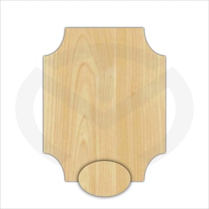 May include: A wooden cutout in the shape of a rectangle with rounded corners and a small oval cutout at the bottom. The wood is a light brown color with a natural wood grain.