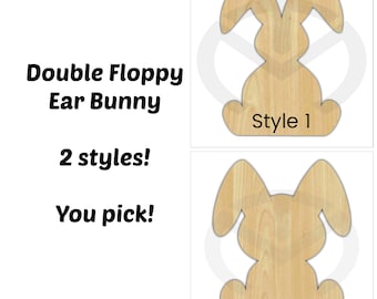 Unfinished Wood Bunny Rabbit with Two Floppy Ears Laser Cutout, Wreath Accent, Door Hanger, Ready to Paint, Various Sizes, 2 Styles