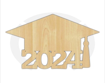 Graduation Cap & Year - 01653C- Unfinished Wood Laser Cutout, Wreath Accent, Door Hanger, Ready to Paint and Personalize, Various Sizes