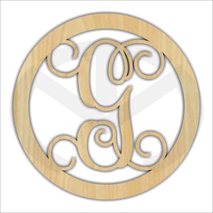 May include: A wooden circle with a decorative, cursive letter G cut out in the center. The letter is surrounded by a decorative swirl design.