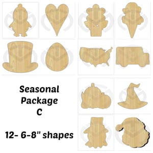 Set of 12 small Interchangeable Seasonal Shapes 1 BONUS shape Unfinished Wood Laser Cutout , Home Decor, Various Options image 4