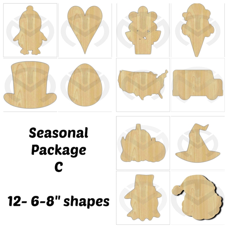 Set of 12 small Interchangeable Seasonal Shapes 1 BONUS shape Unfinished Wood Laser Cutout , Home Decor, Various Options image 4