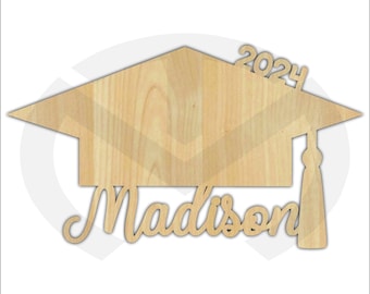 Graduation Cap with Name & Year- Unfinished Wood Laser Cutout, Wreath Accent, Door Hanger, Ready to Paint and Personalize, Various Sizes