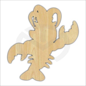 May include: A wooden cutout of a lobster with a whimsical crown on its head. The lobster is standing on its tail and has its claws raised.