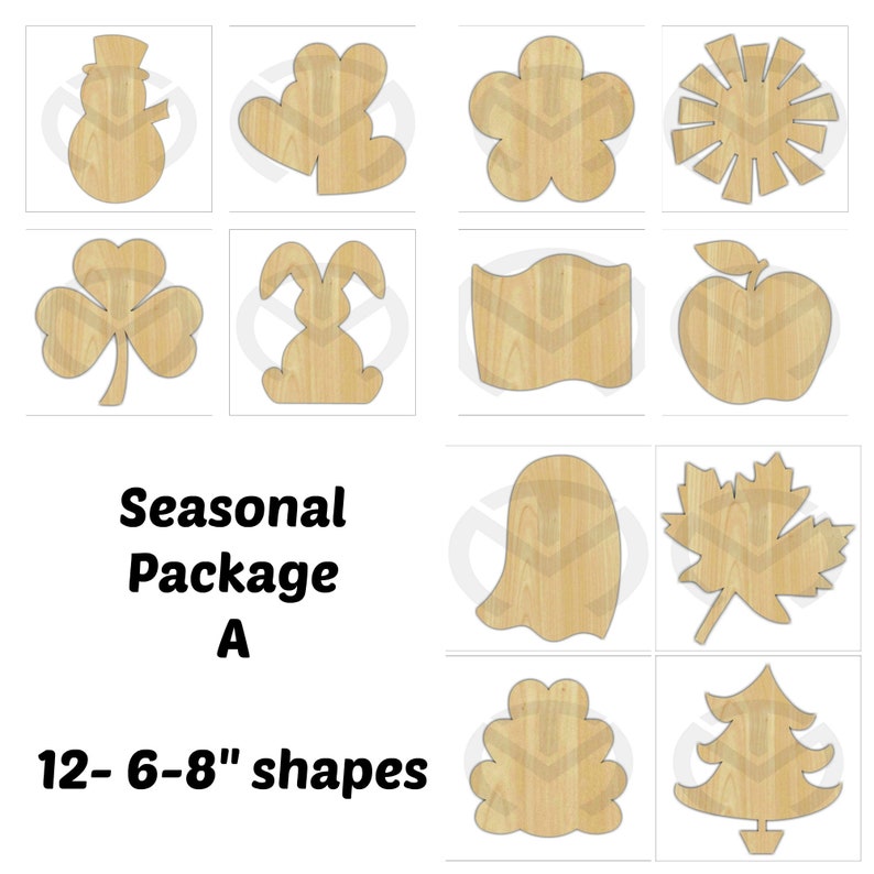 Set of 12 small Interchangeable Seasonal Shapes 1 BONUS shape Unfinished Wood Laser Cutout , Home Decor, Various Options image 2