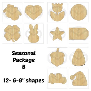 Set of 12 small Interchangeable Seasonal Shapes 1 BONUS shape Unfinished Wood Laser Cutout , Home Decor, Various Options image 3