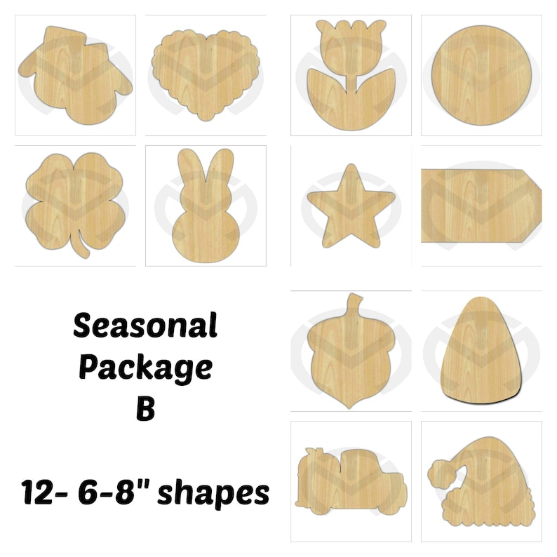 Set of 12 small Interchangeable Seasonal Shapes 1 BONUS shape Unfinished Wood Laser Cutout , Home Decor, Various Options image 3