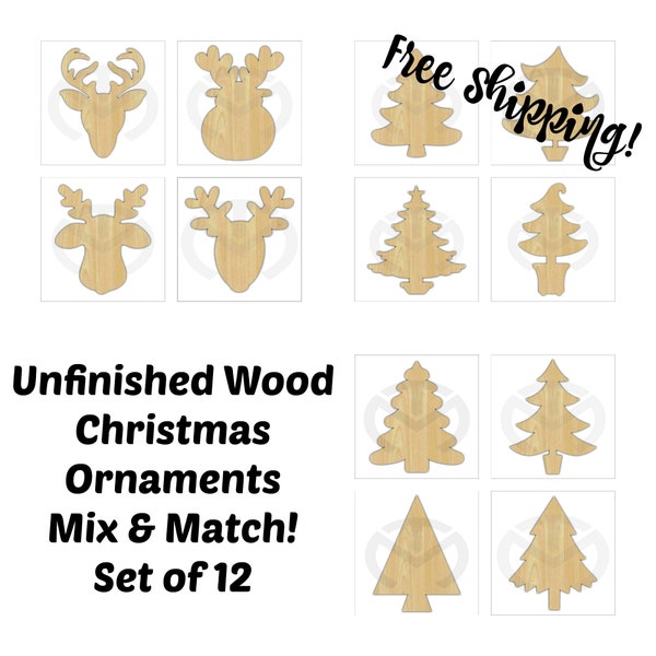 Set of 12 Christmas Ornaments (Set 3)- Unfinished Wood Laser Cutouts, Mix & Match, Free Shipping!